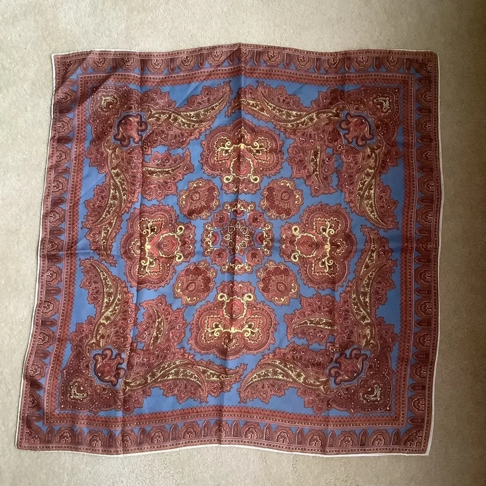 Blue/Bronze Paisley 27” Acetate Scarf Made in Japan